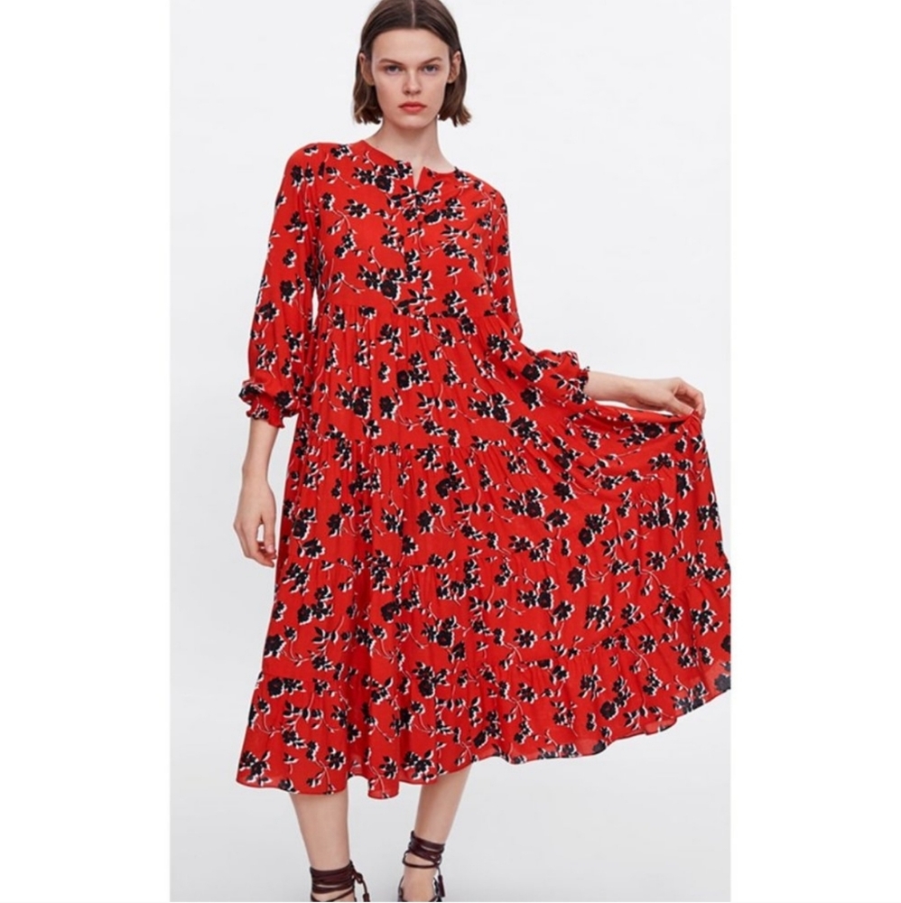 Zara Red Floral Print Maxi Long Sleeve Women Dress